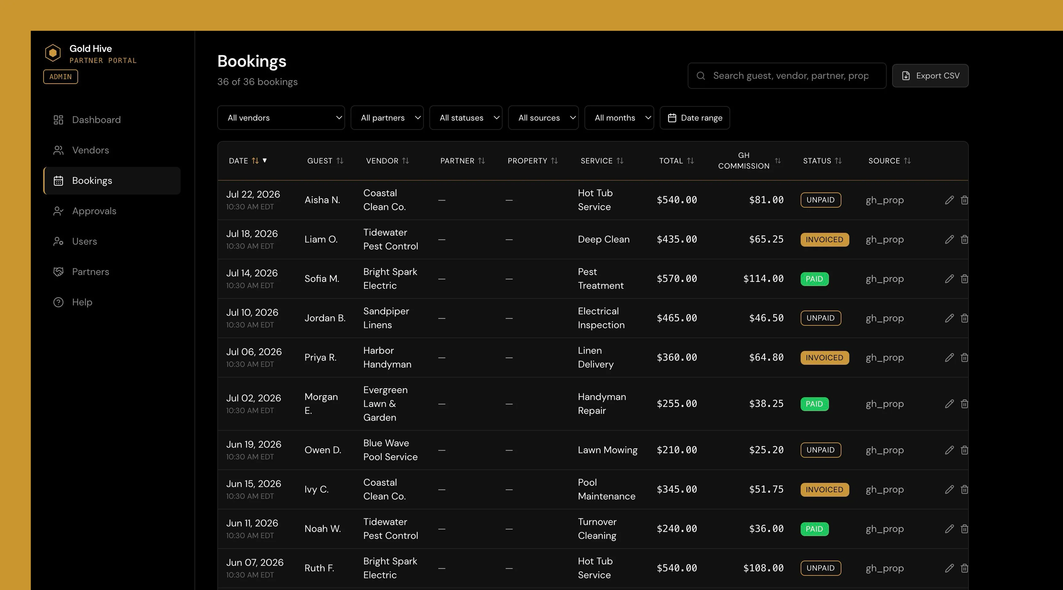 Gold Hive bookings view
