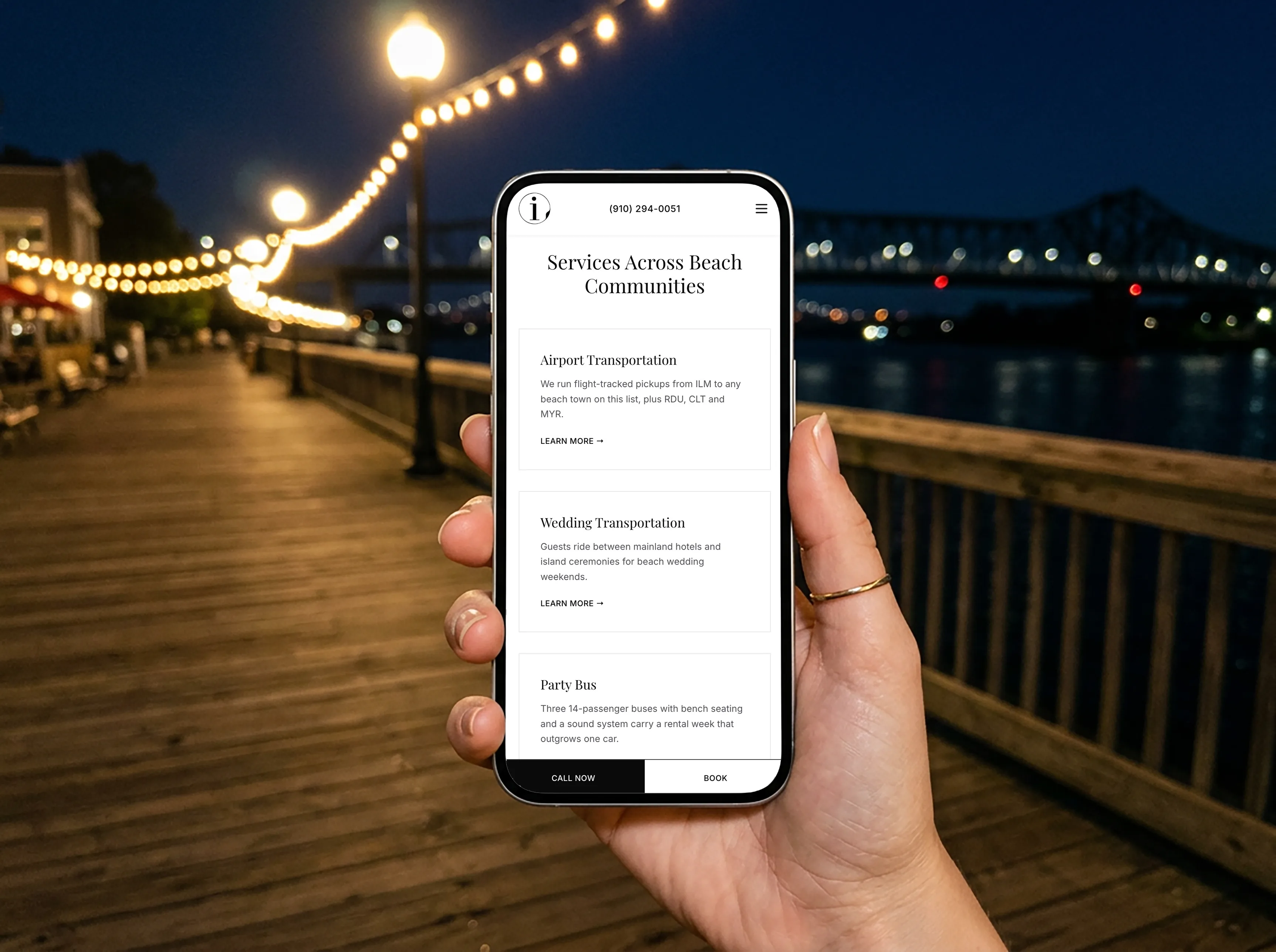 The Icon Transportation Wilmington services page on a phone, listing airport transportation, wedding transportation and party bus hire across the Wilmington NC beach communities